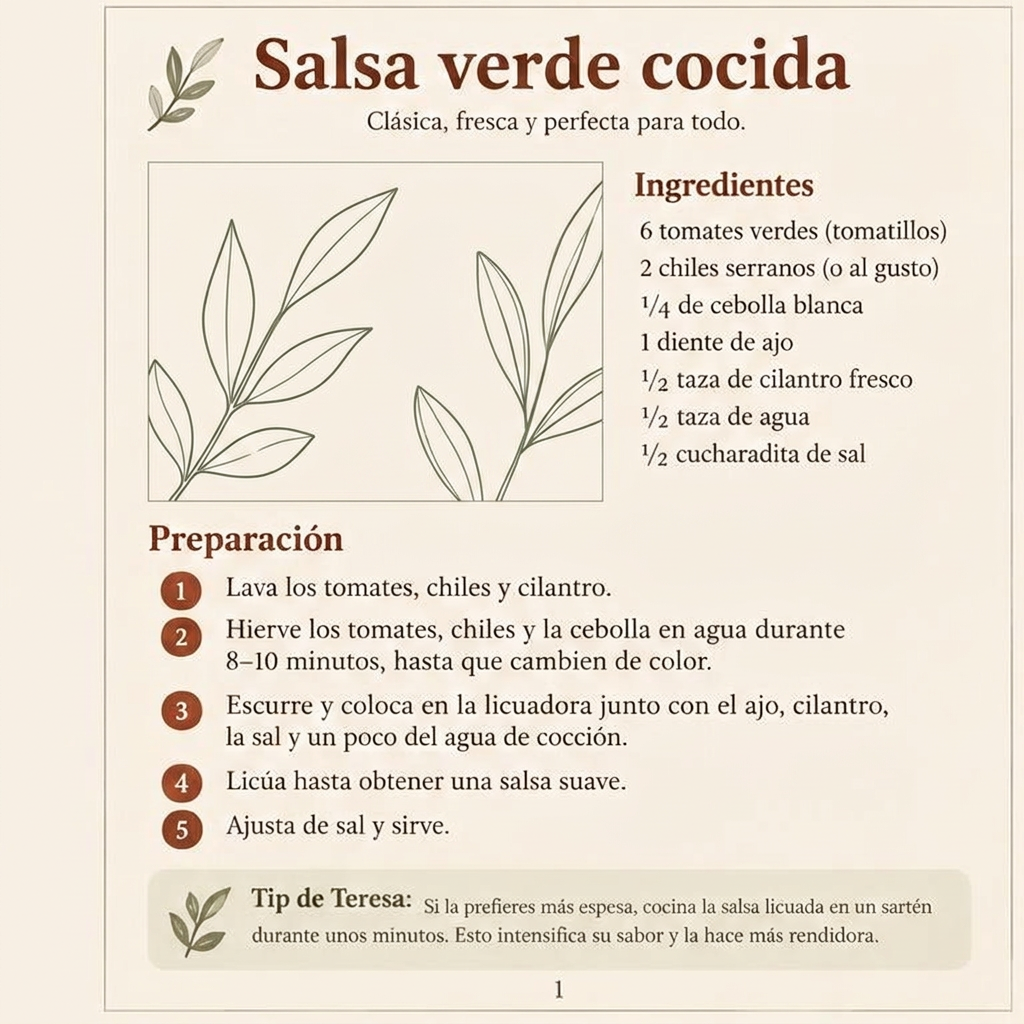 Ejemplo de la página Salsa verde cocida, sin fotografía de comida