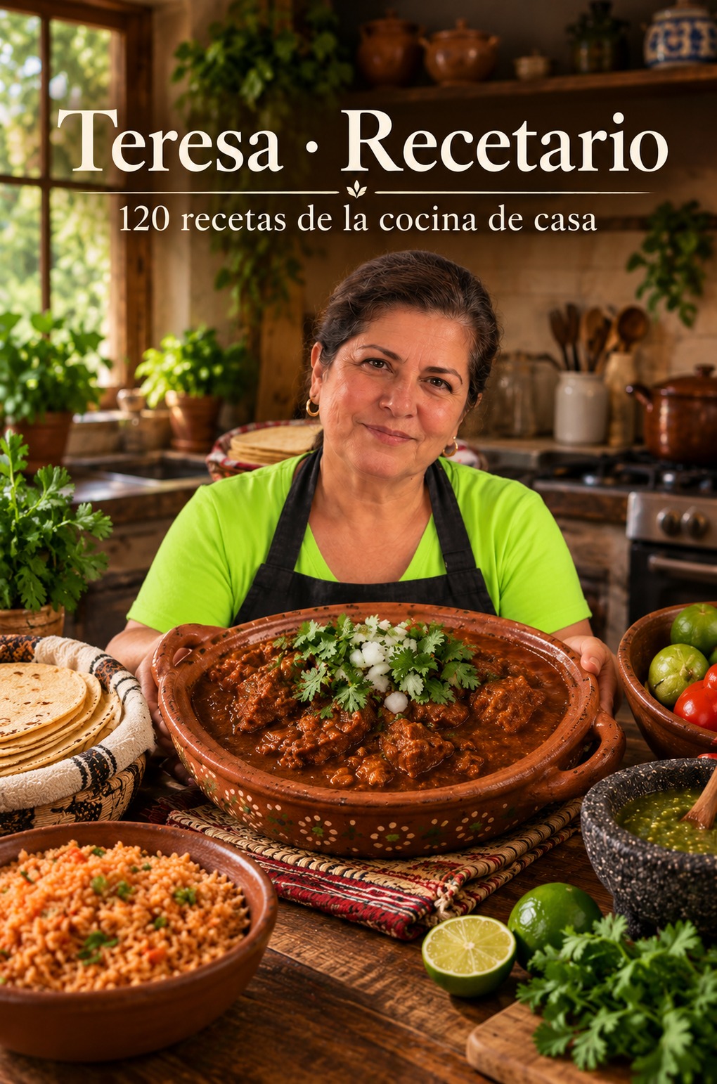 Portada de Teresa · Recetario: Teresa sonriendo con una olla de birria y platillos mexicanos